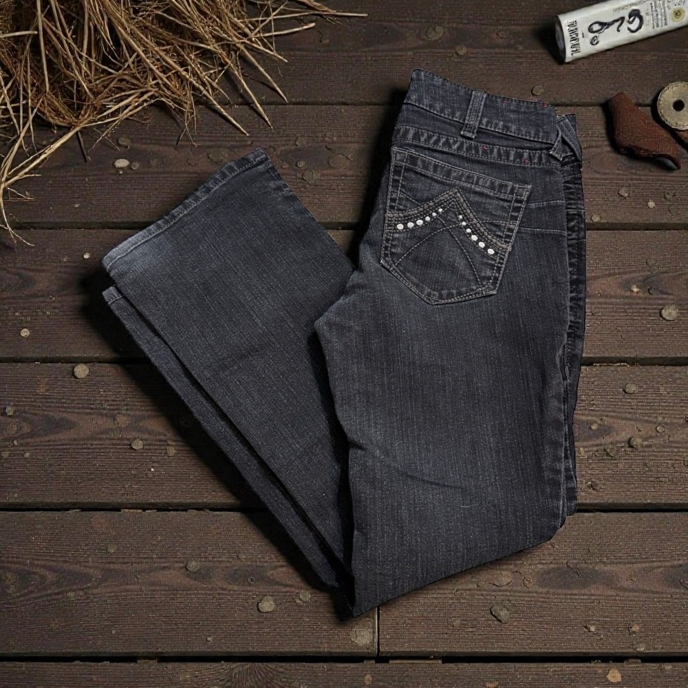 🔥Ariat REAL🖤🦋‎ Denim 30 r Dark Wash Bootcut Jeans Contrast Stitch Studded